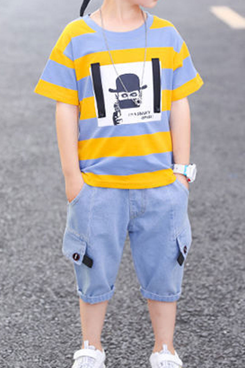 Kids Boys New Arrival Round Neck Short Sleeves Solid Color T- Shirt with Descent Side Pockets Shorts Summer,Boy's Sports and Lei