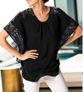 Women Loose Bat Sleeves Party Lace Blouse Black