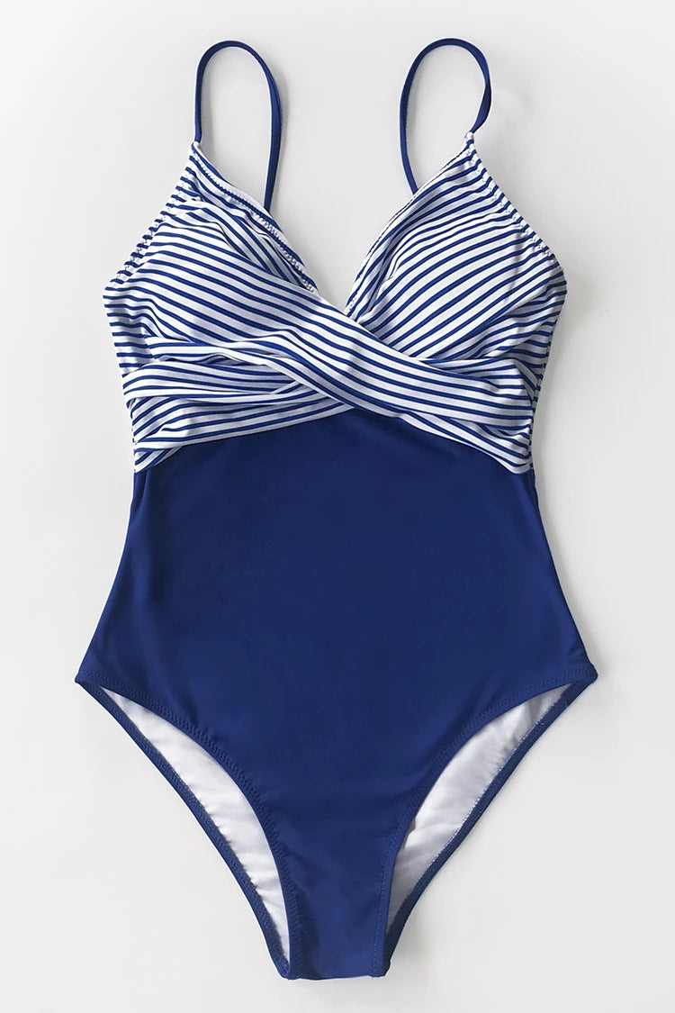 Women Slim Fit Deep V-Neck One Piece Stripe Pattern Swimwear