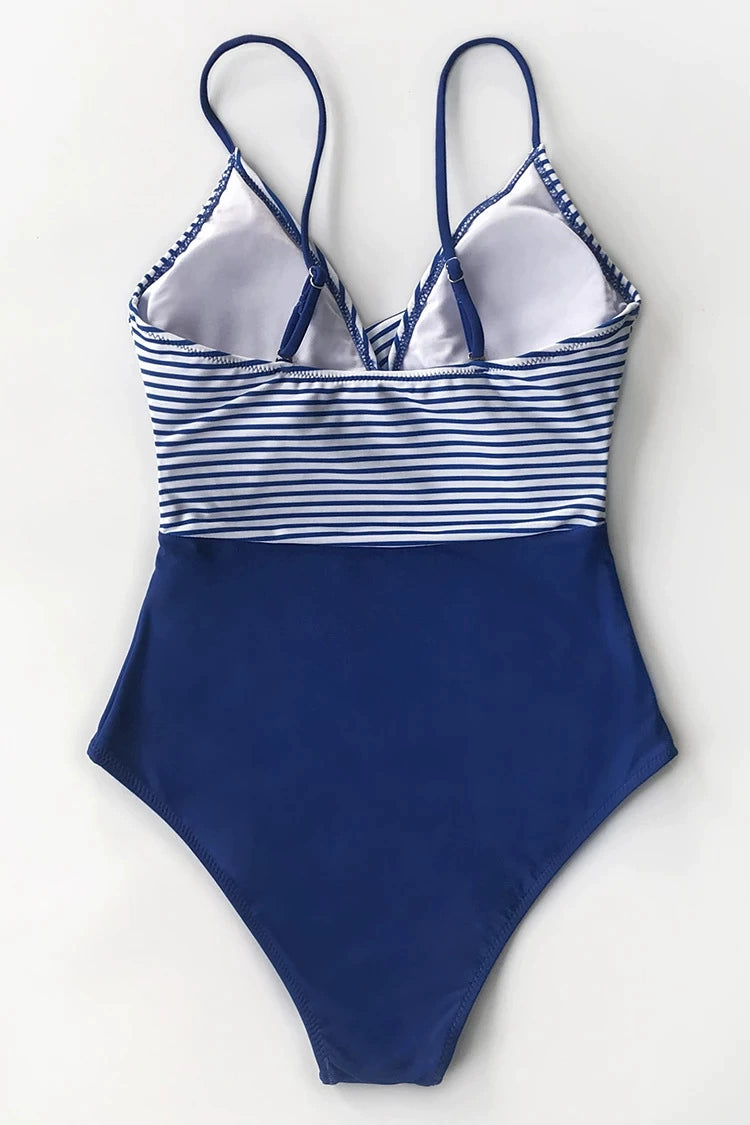 Women Slim Fit Deep V-Neck One Piece Stripe Pattern Swimwear