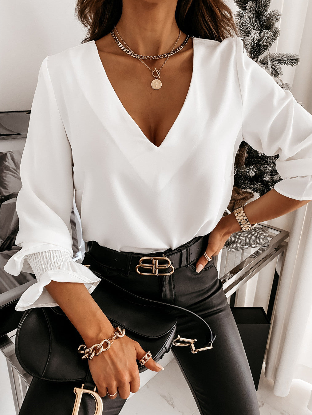 Women's Spring Long Sleeve V-Neck Shirt with Back Lace Detail - Elegant & Lightweight Blouse