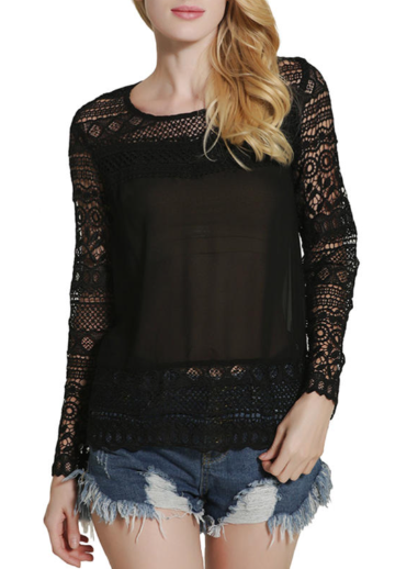 Women Lace Decorated Long Sleeves and Hem Blouse
