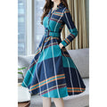 Women Collar Neck 3/4 Sleeve Plaid Slim Dress