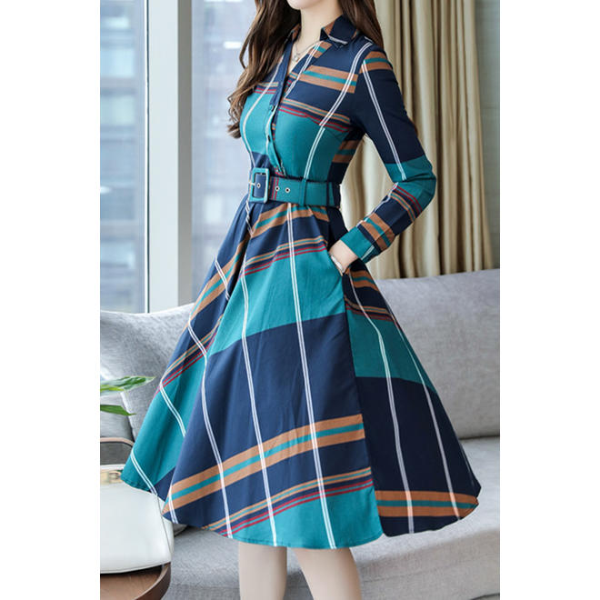 Women Collar Neck 3/4 Sleeve Plaid Slim Dress