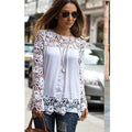 Women Round Neck Lace Trim Long Sleeves Blouse White