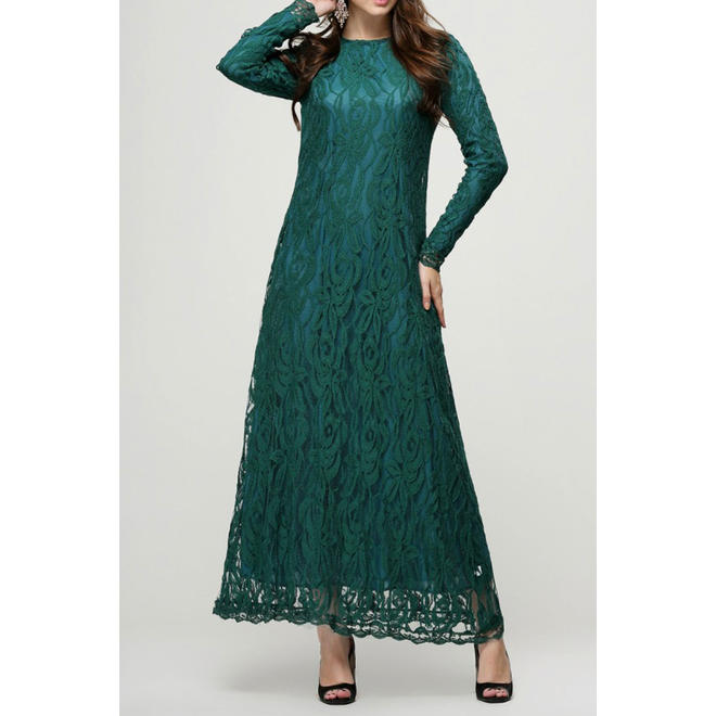 Women Awesome Pleated Long Sleeve Easy Round Neck Above Knee Slim Waist Solid Colored Chiffon Dress