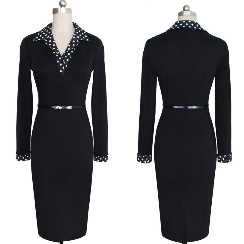 Women Polka Dot Long Sleeve V Neck Slim Fit Dress