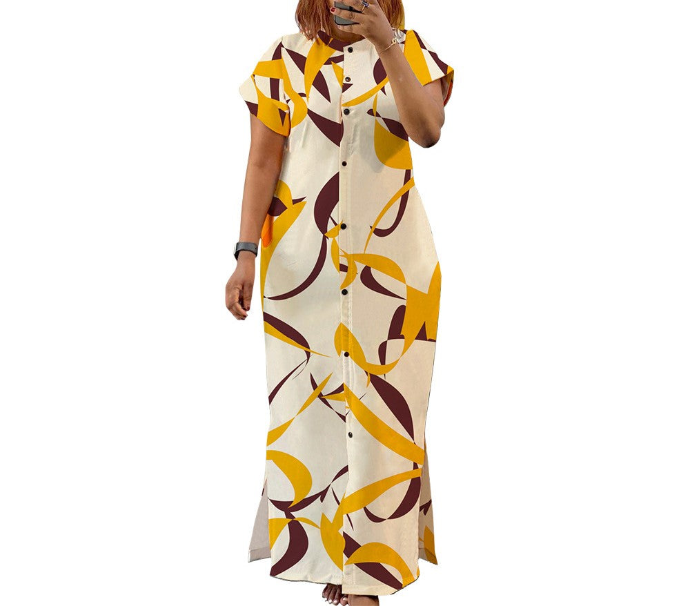 Stand Collar Elegant Waist-Cinching Slit Shirt Dress – Plus Size Casual Chic Long Dress for Women