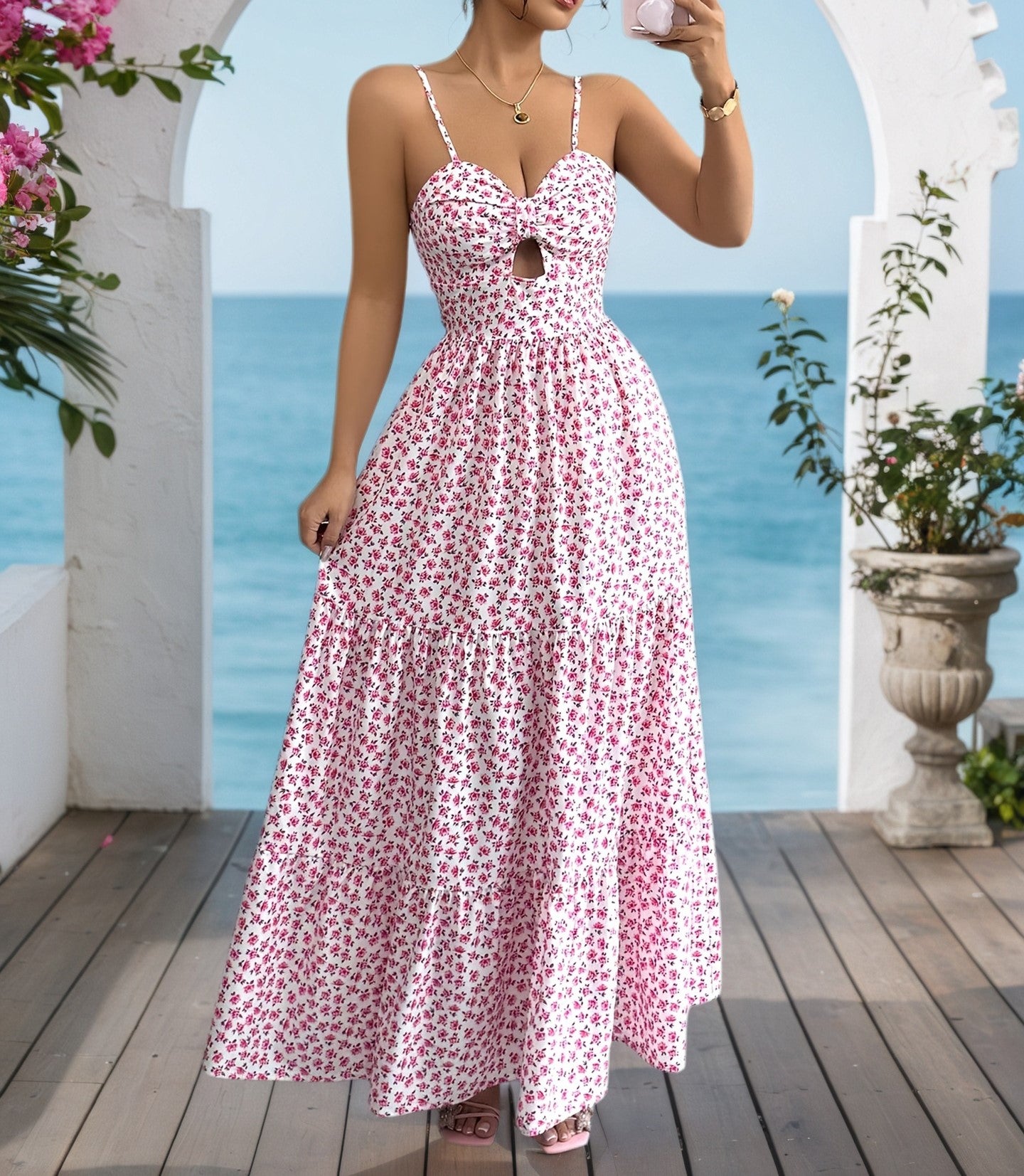 Women's Summer Printed Floral Sleeveless Hollow Detail Long Strap Dress