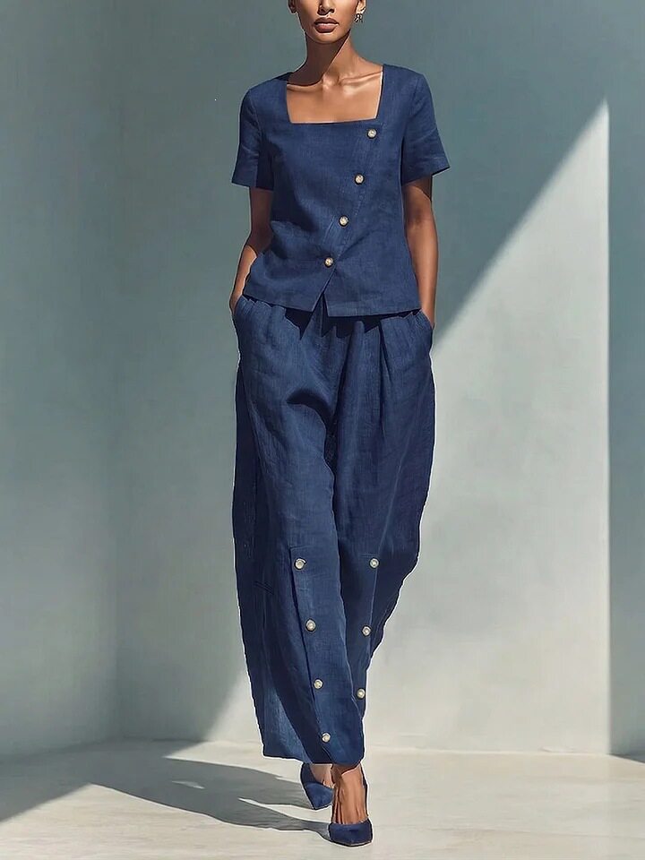 Women's Elegant Solid Color Cotton Linen Loose Short-Sleeve Top & High-Waisted Long Pants Two-Piece Set