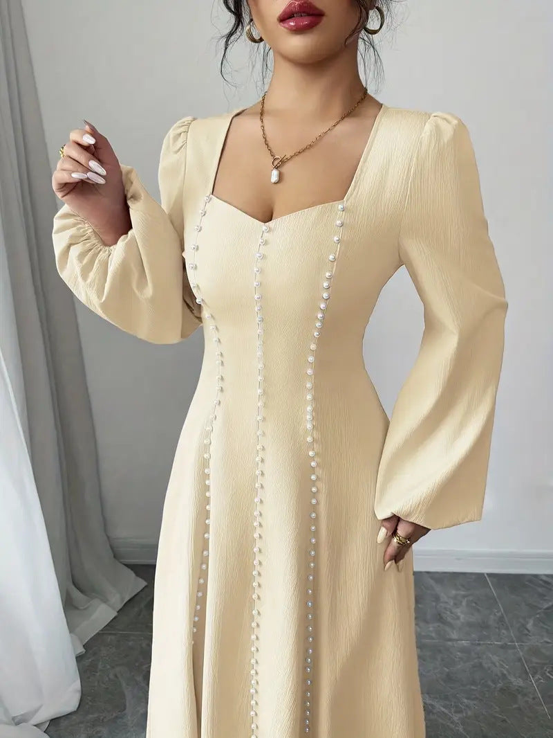 Women's Elegant Beaded Long Sleeve Square Neck A-Line Maxi Dress with Defined Waist