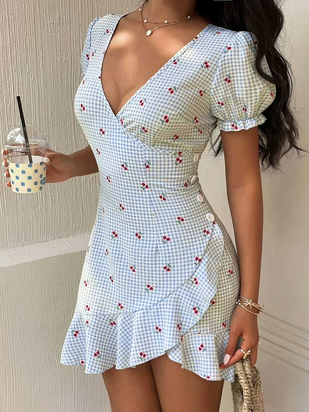 Women's Summer Plaid V-Neck Ruffled Hem Button Accent Waist-Cinching Short Dress