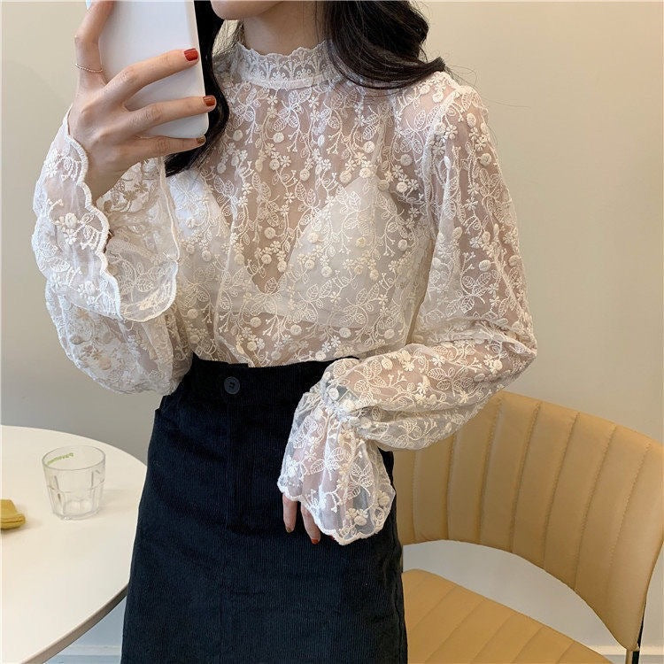 Women's New Sheer Mesh Top with Lace Detail Fairy-Style Chiffon Blouse