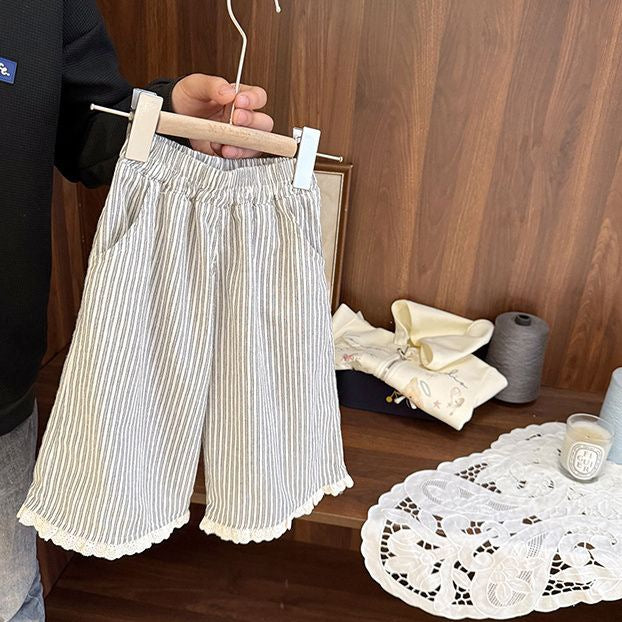 Girls’ Summer Striped Wide-Leg Pants with Lace Trim – Baby Casual Fashion Trousers - RAC26JP5432BATB