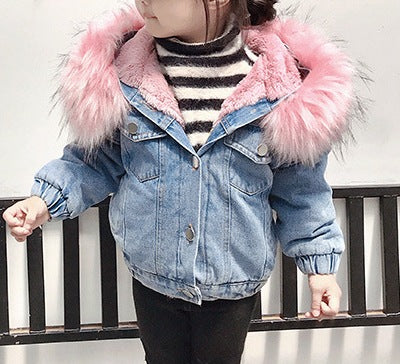 Girls Fleece-Lined Short Denim Jacket with Large Fur Collar – Infants & Toddlers - RAC25JP3296BATOW