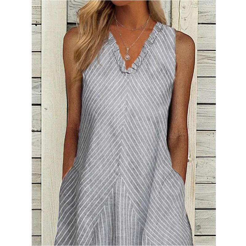 Women's Summer V-Neck Pleated Sleeveless Printed Striped Long Swing Dress with Pockets