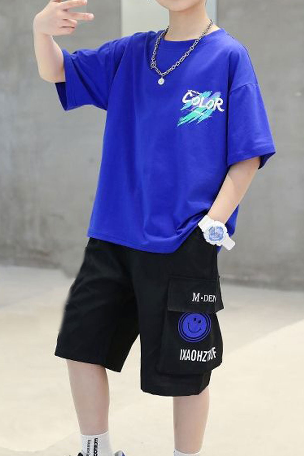 Kids Boys New Round Neck Short Sleeves Letter Pattern T- Shirt with Handsome Cool Looking Treasure Shorts Summer Two Piece Suit