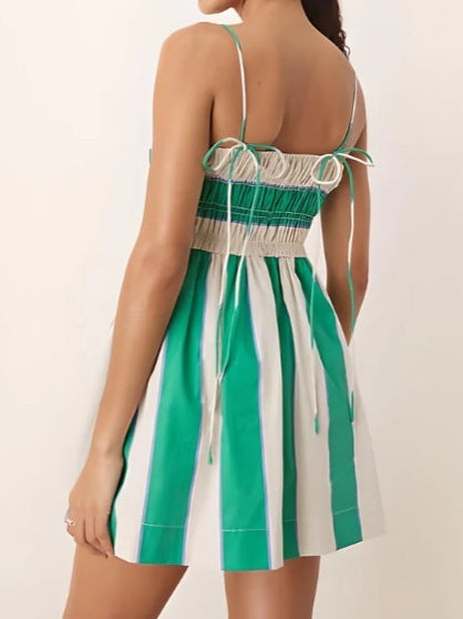 Summer Fashion Lace-Up Color-Block Striped Waist Dress for Women