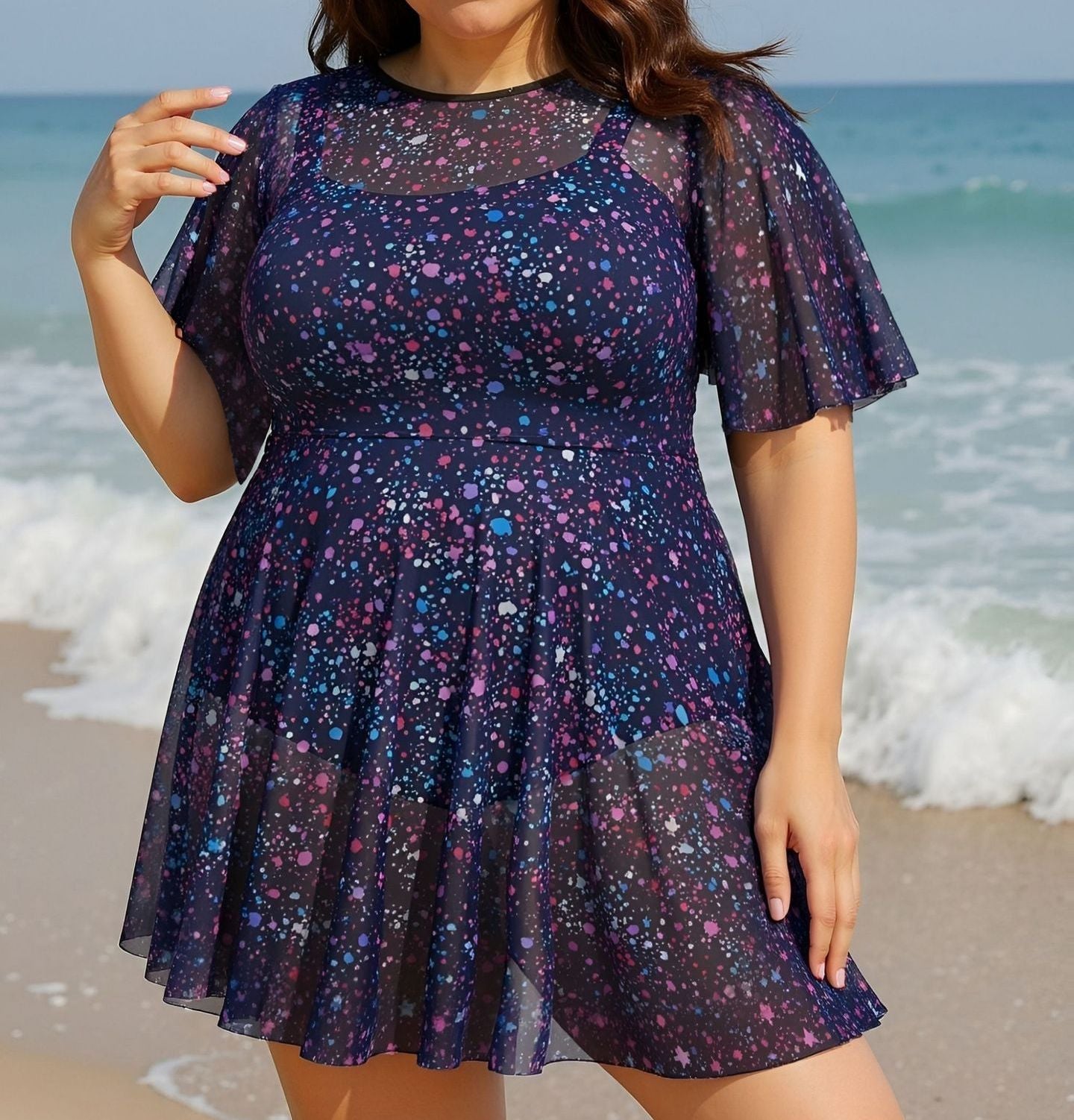 Plus-Size Belly-Covering One-Piece Swimsuit with Elegant Lace Overlay - RAC25JP2660WPSW