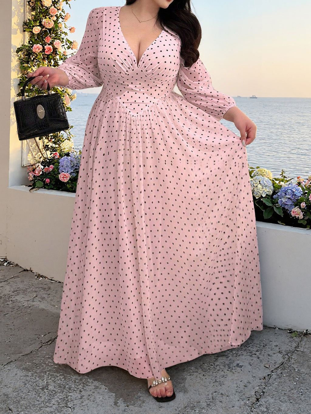 Women's Summer V-Neck Elegant Waist-Cinching Plus Size Long Maxi Dress