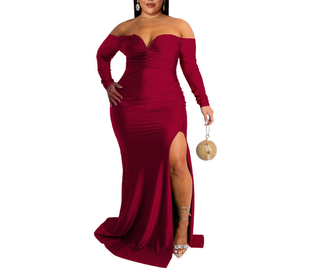 Plus Size Women's V-Neck Slit Long Dress – Solid Color Bodycon Nightclub Maxi Dress for Autumn & Winter