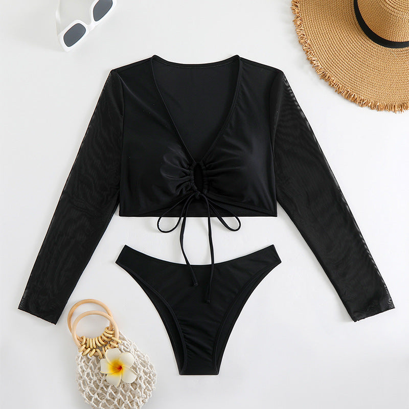 Solid Color Long Sleeve Lace Bikini with Low Chest and Split Design
