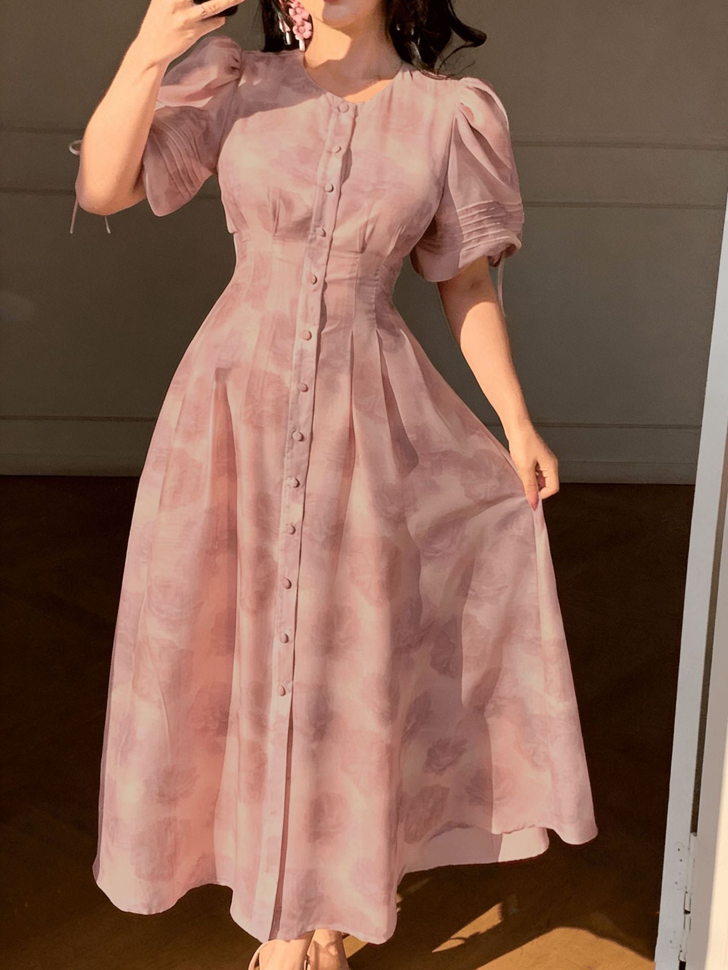 Women's Summer Printed French Style Pleated Waist Button Front Short Dress with Comfortable Fit
