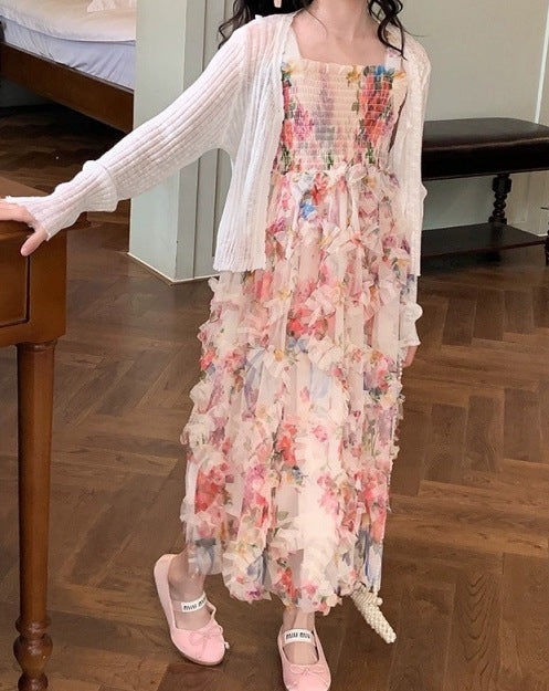 Girls’ New Summer Dress – High-End Floral Print Sundress for Big Kids, Elegant Beach Dress - RAC25JP3294GDRESS