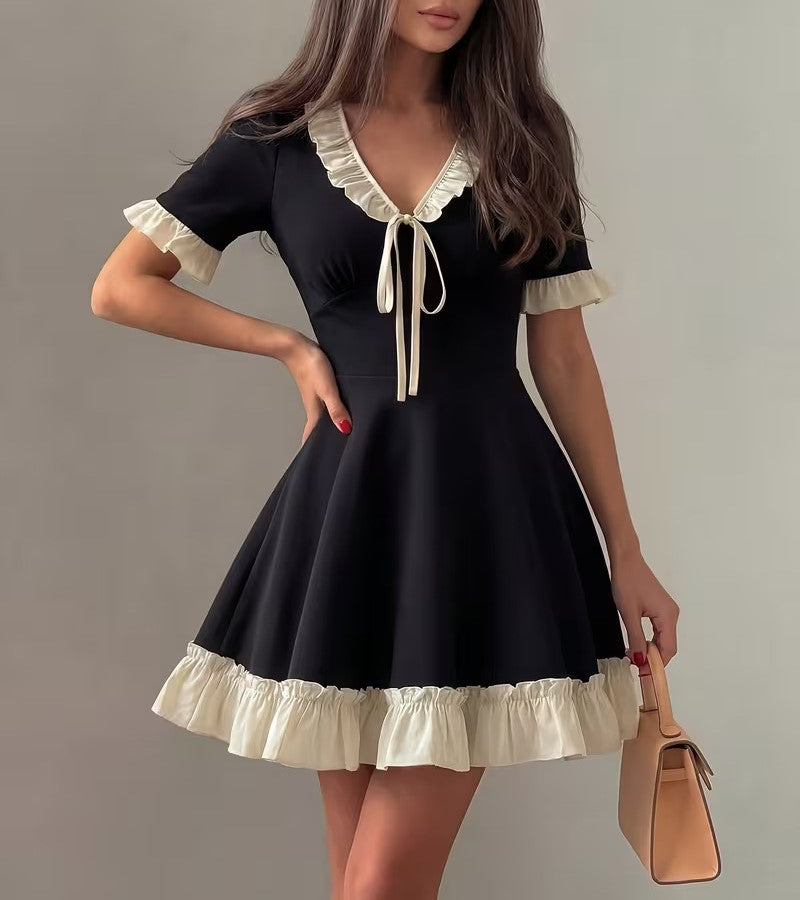 Women's Summer Contrast Color V-Neck Ruffle Tie-Waist A-Line French Style Mini Dress