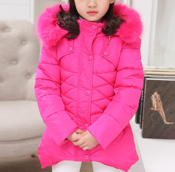 Girls’ Winter Cotton-Padded Coat – Thickened Mid-Length Jacket with Fur Collar - RAC25JP3248BOW