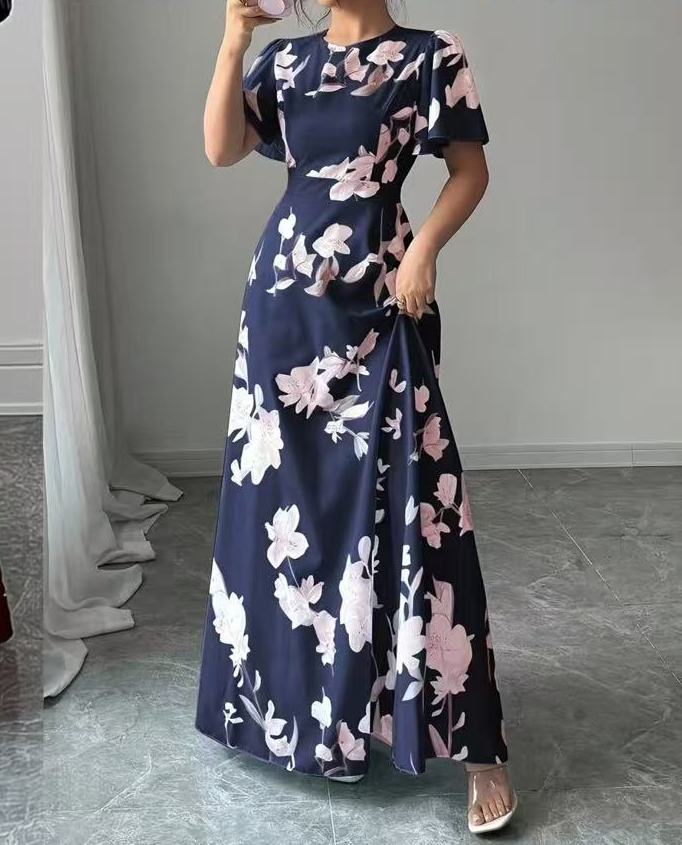 Women's Short-Sleeve Printed Beach Maxi Dress for Summer