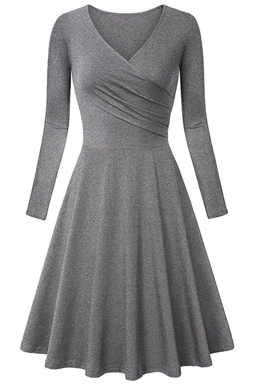 Women Wrap Neck Long Sleeve Pleated Dress