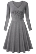 Women Wrap Neck Long Sleeve Pleated Dress