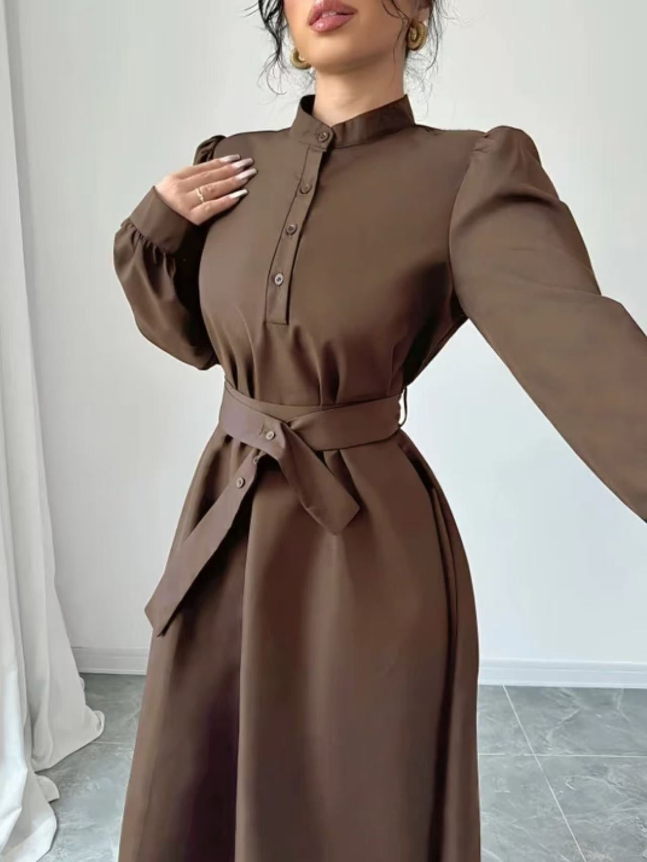 Women's Spring Button-Front Long Sleeve Shirt Dress with Waist-Defining Fit, Solid Color Midi Dress