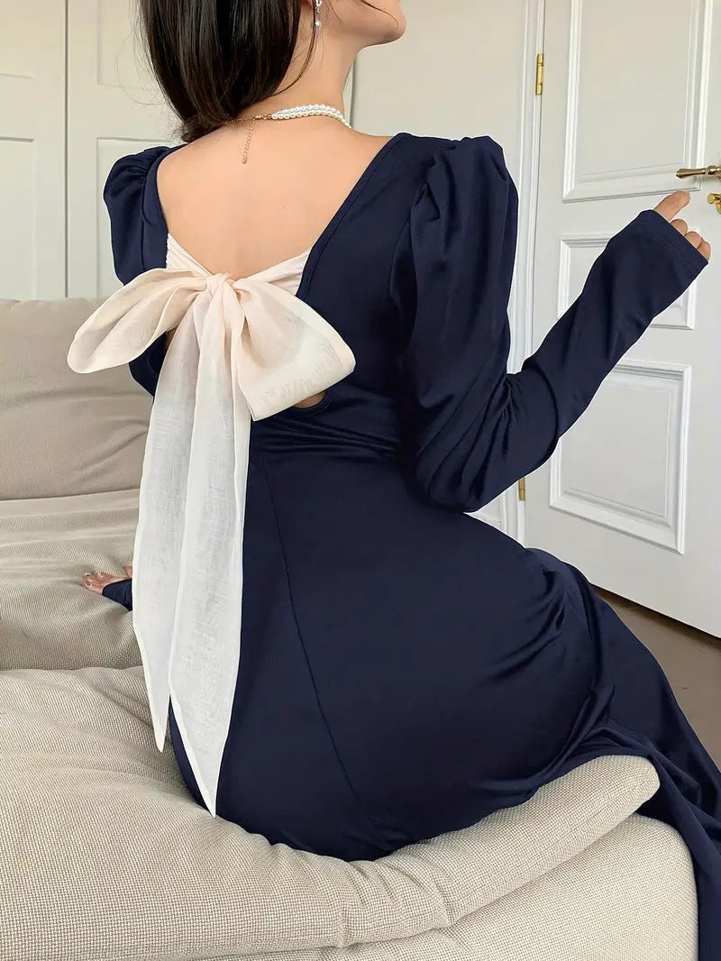Women's French-Inspired Square Neck Back Design Bow Waist Long Sleeve Midi Dress