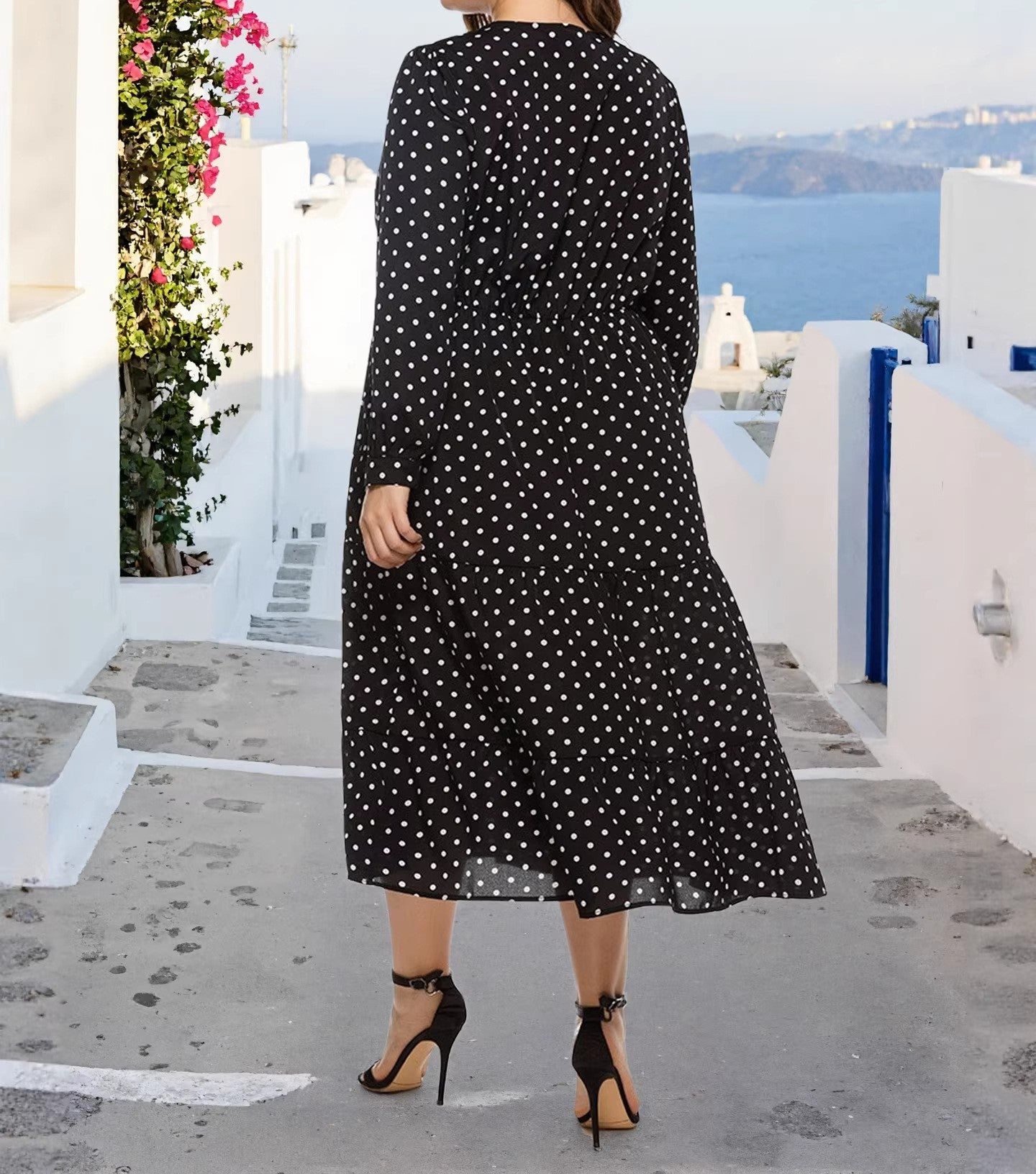 Women's Plus Size V-Neck Polka Dot Print Waist-Cinching Shirt Sleeve Long Dress