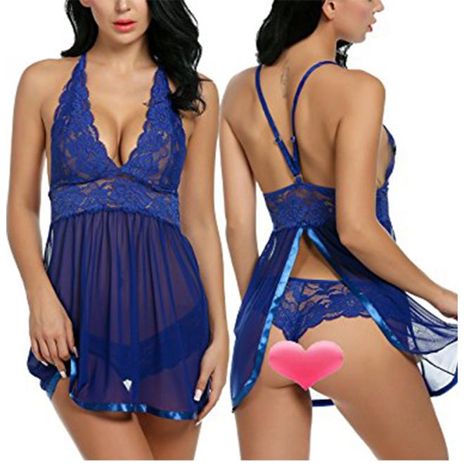 Women Night Wear Short Hollow Lace Lingerie Set Blue