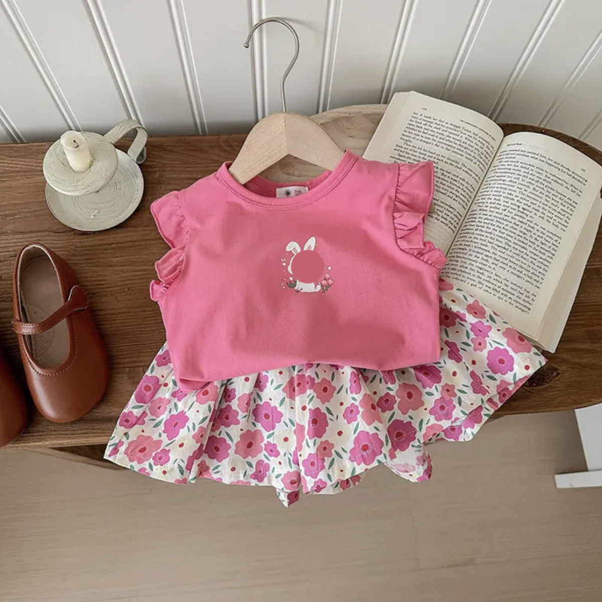 Summer Girls’ 2-Piece Outfit – Sweet Flying Sleeve Cartoon T-Shirt & Floral Shorts - RAC26JP5392BATS