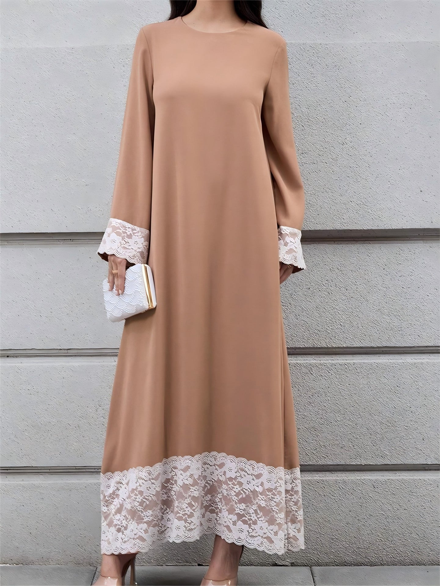 Women's Loose Long Sleeve Maxi Dress with Lace Hem, Solid Color Casual Long Dress