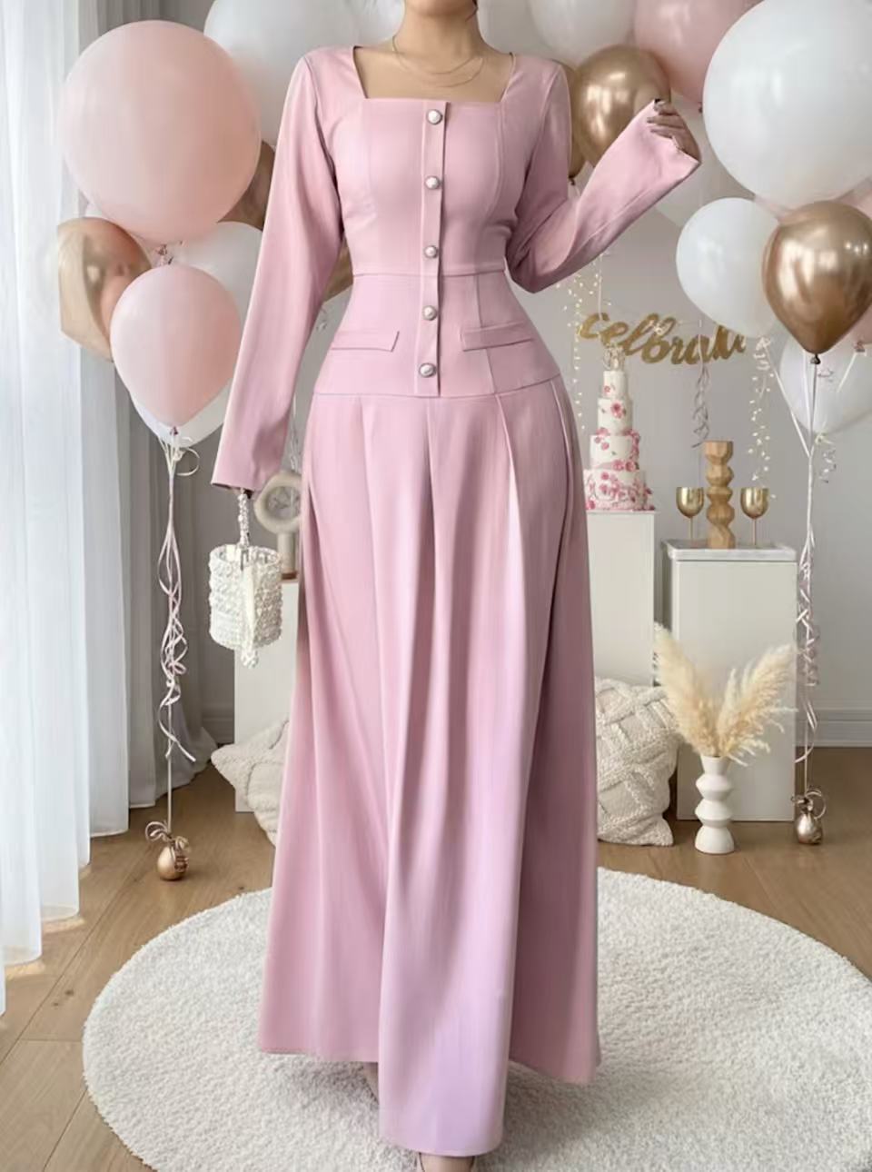 Women's Elegant Long Sleeve Button-Up Maxi Dress – Solid Color Spring Casual Dress