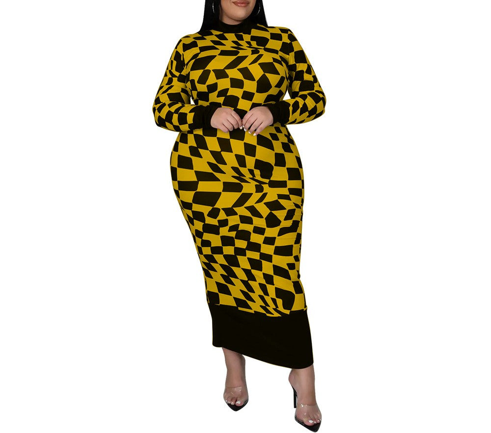 Elegant Plaid Print Long Sleeve Dress – Round Neck, Classic Fit for Effortless Chic