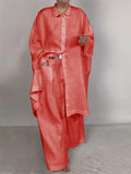 Casual Loose Solid Color Shirt & Wide Leg Plaid Pants Two-Piece Set
