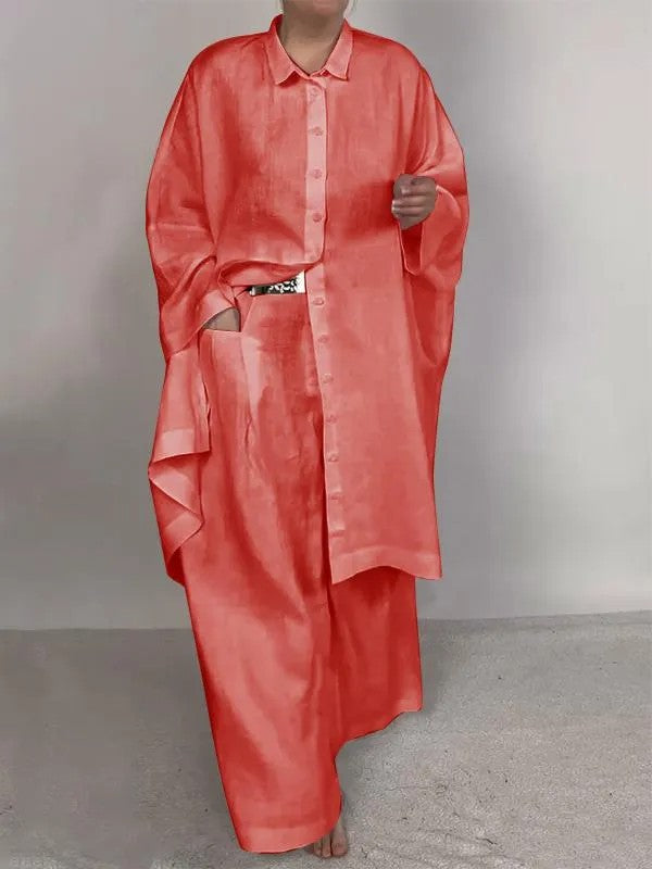 Casual Loose Solid Color Shirt & Wide Leg Plaid Pants Two-Piece Set