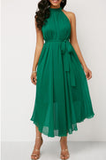 Women Solid Colored Thin Ventilated Halter Neck Thin Mesh Skirt Elegant Chiffon Dress