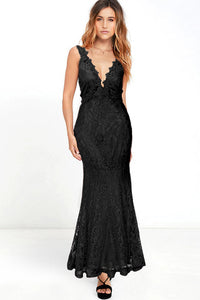 Women Lace Designed Deep V-Neck Long Length Maxi Dress Black