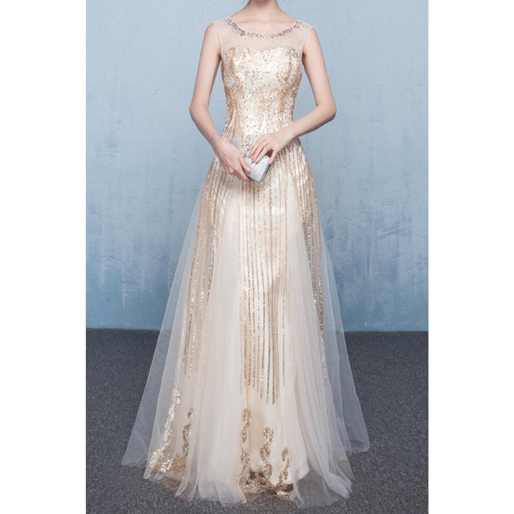 Women Sparkling Sleeveless Round Neck Marvelous A-Line Party Evening Dress