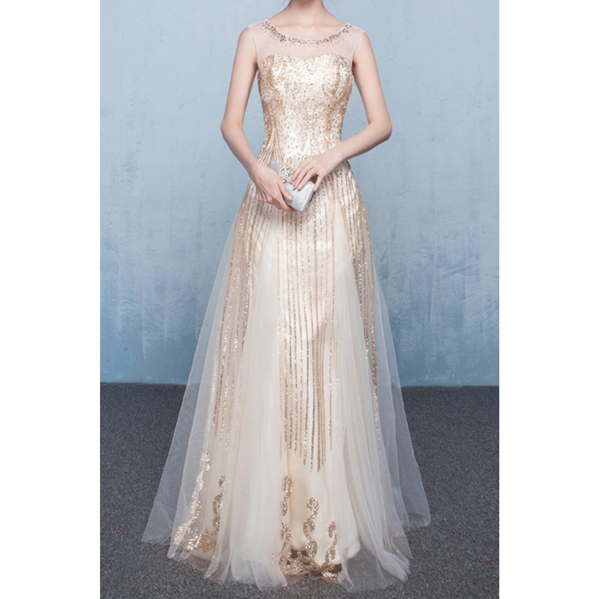 Women Sparkling Sleeveless Round Neck Marvelous A-Line Party Evening Dress