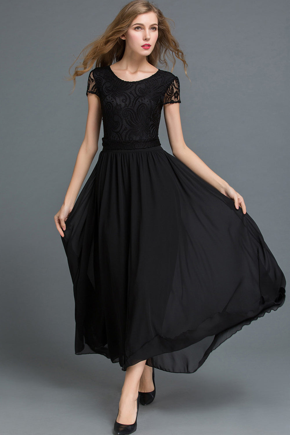 Women Crochet Lace Slim Waist Pleated Skirt Dress