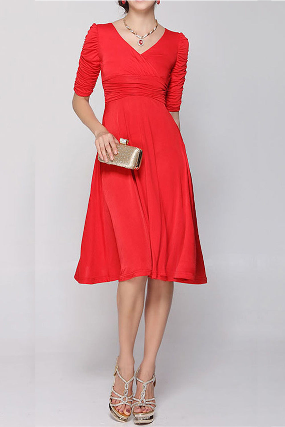 Women's V-neck Swing Pencil Skirt Style Dress Red