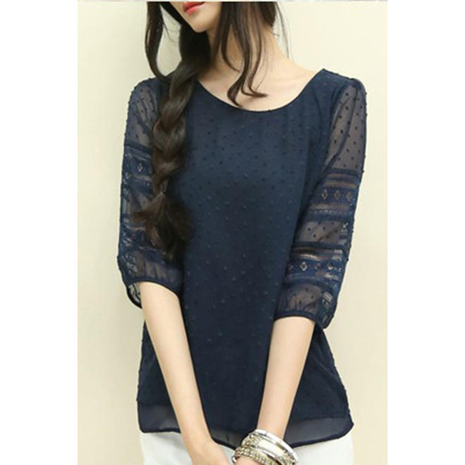 Women Round Neck 3/4 Sleeves Lace Designed Blouse Navy